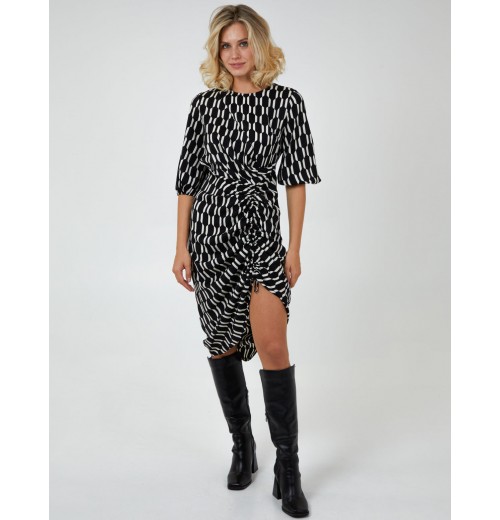 Mono Geometric Print Ruched Hem Dress