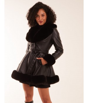 PU Faux Fur Trimmed Belted Coat