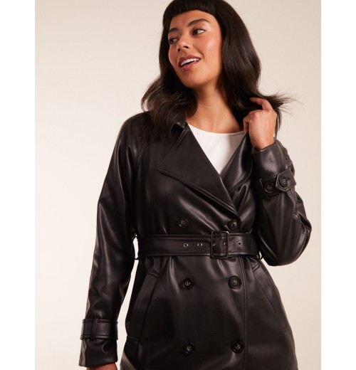 Faux Leather Belted Trench Coat