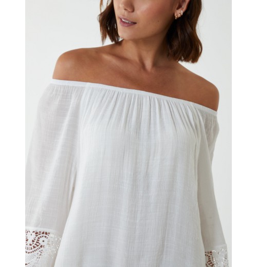 Bardot Tunic Dress With Crochet Lace Sleeves