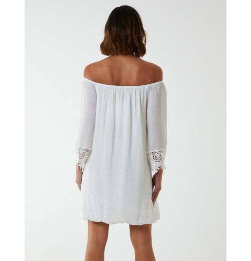 Bardot Tunic Dress With Crochet Lace Sleeves