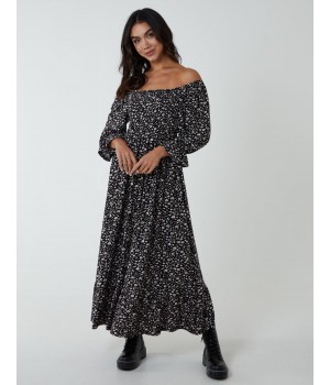 Puff Sleeve Square Neck Shirred Midi Dress