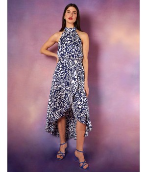 Abstract Print Halter Neck Midi Wrap Dress