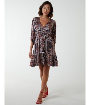 Paisley Wrap Front Pleated Kimono Sleeve Dress