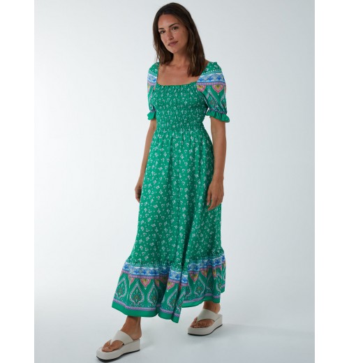 Shirred Floral Maxi Dress