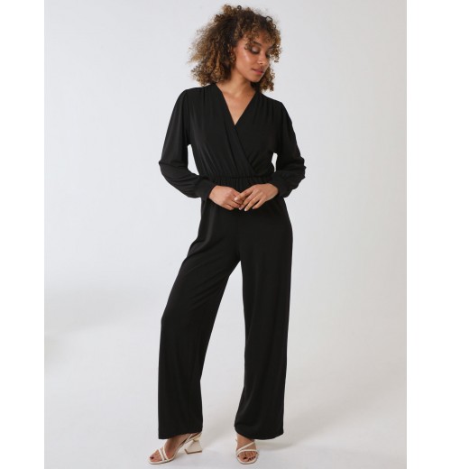 Elasticated Waist Crossover Long Sleeve Jumpsuit