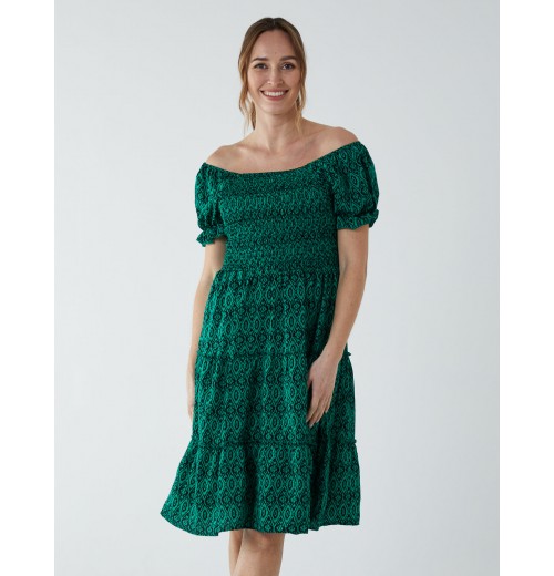 Puff Sleeve Bardot Shirred Dress