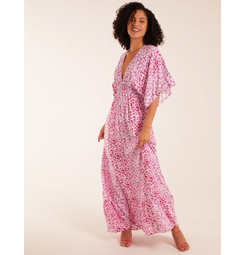 Elasticated Waist Tier Hem Angel Sleeve Maxi Dress