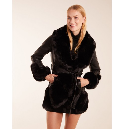 Faux Fur Collar PU Belted Coat