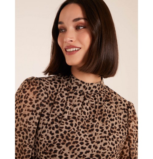 Leopard Print High Neck Wrap Frill Hem Midi Dress