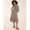 Animal Print Shirred Long Sleeve Midi Dress