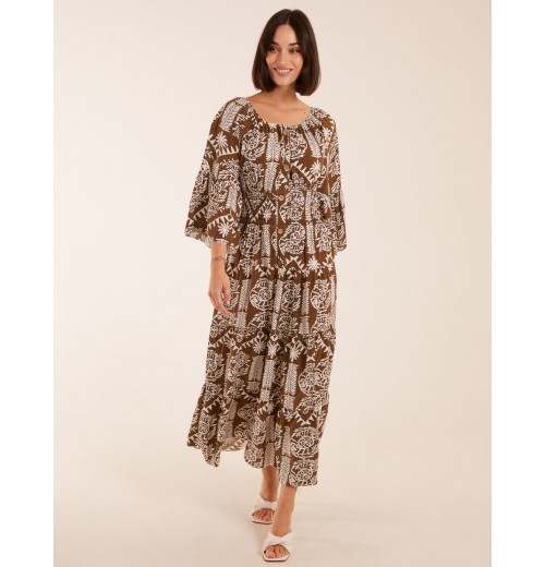 Print Button Front Scoop Neck Maxi Dress